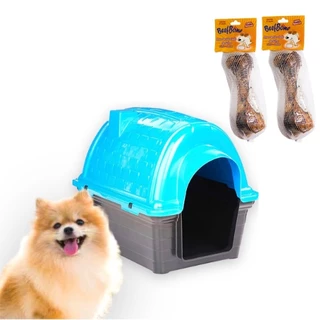 Kit Para Cachorro Casinha Plástica Iglu Casa Resistente N1 + 2 Ossos Defumados Natural Desidratado Cães Pet