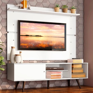 Rack Madesa Cairo e Painel para TV até 65 Polegadas com Pés de Madeira - Branco/Rustic