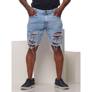 Bermuda Jeans Masculina Clara com Cordão Curta Destroyed Baixo