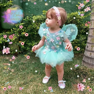 Vestido jardim encantado - Kit 3 peças Romper + Asa + Faixa personalizada