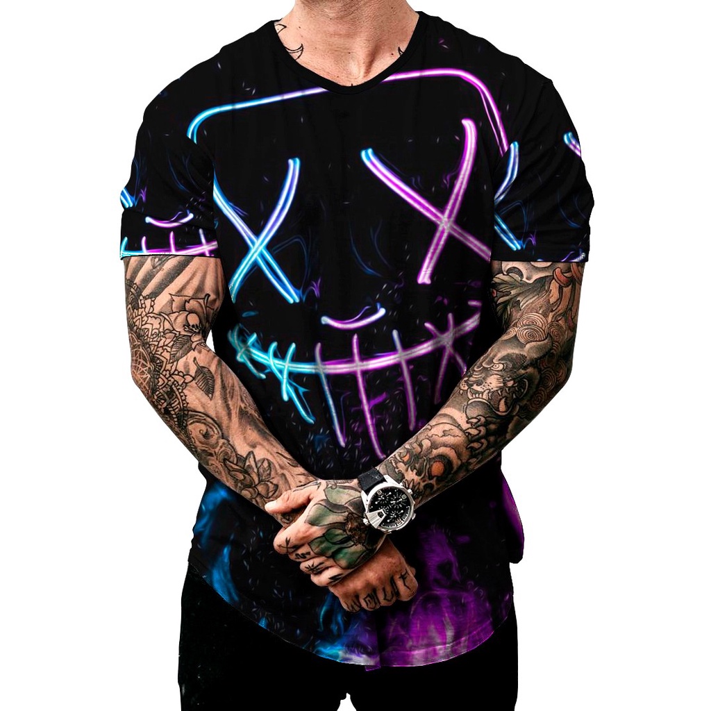 Camiseta Longline Masculina Sorriso Cores Estilo Neon Violeta Azul Bad Smiley
