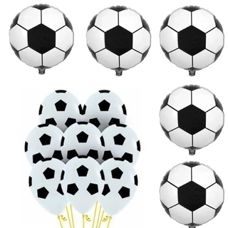 Kit 25 Balão Bola Futebol Latex + 5 Bexiga Bola Metalizada Preto e Branco