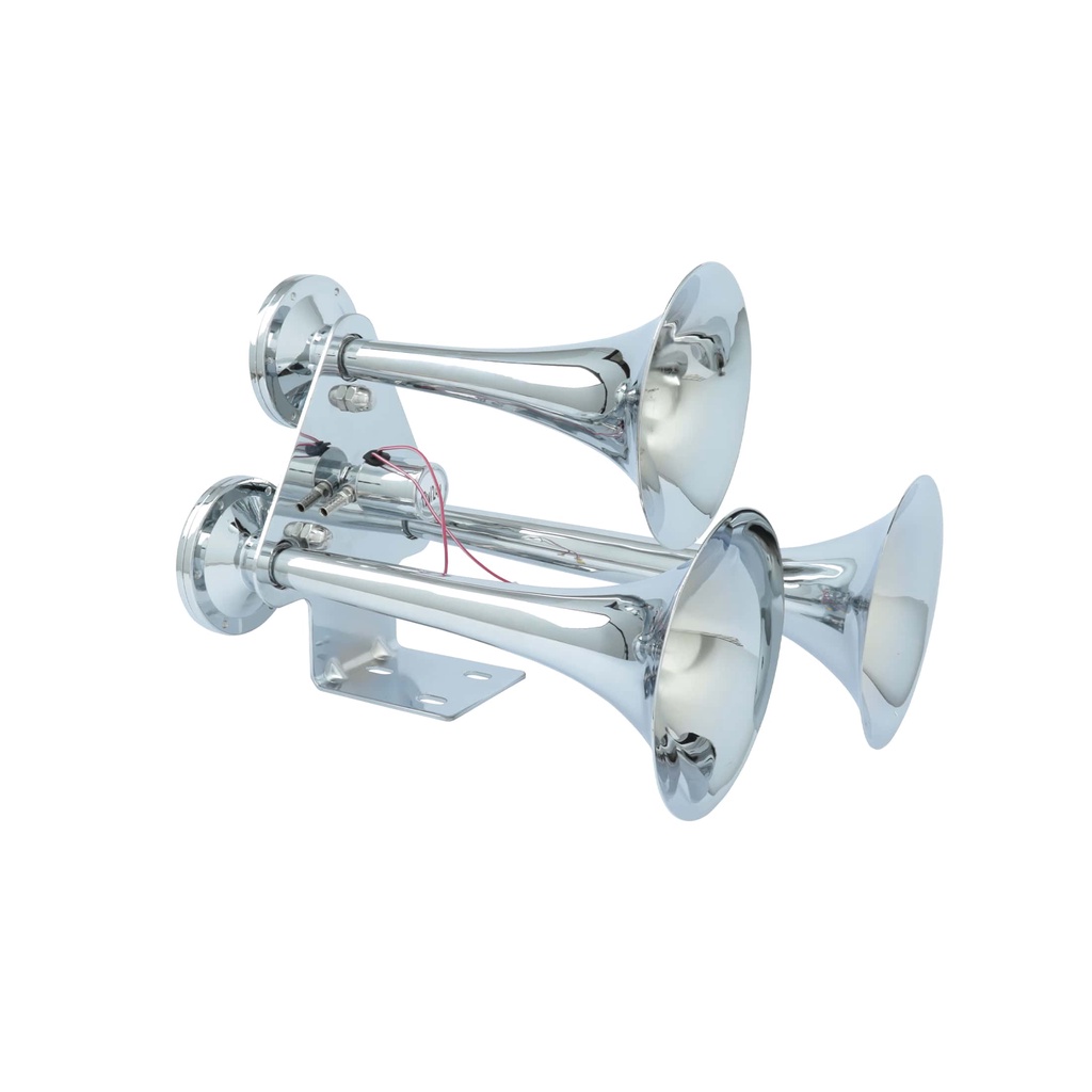 Buzina de Trem 3 Cornetas Eletropneumática Caminhão Metal Cromada 12v 24v Potente
