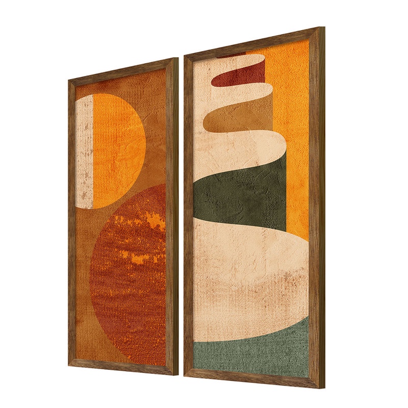 Dupla de Quadros Abstrato com Moldura Formas Coloridas Sala Escritório Formas Geométricas