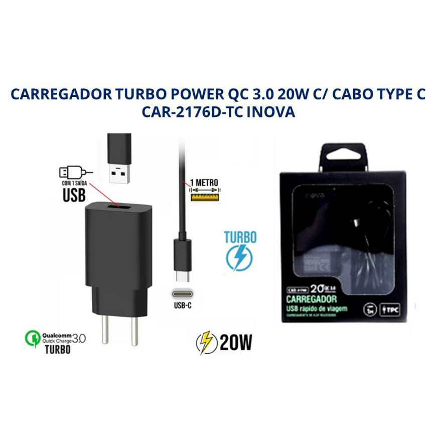 Carregador de Celular Turbo 20W QC 3.0 Tipo C CAR-2176D Inova
