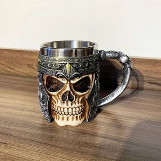 Caneca Caveira Viking Medieval Crânios Resina Aço Inox Festa Decoração