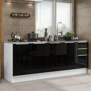 Kit com 2 Balcões de Cozinha Madesa Lux 4 Portas 3 Gavetas (Sem Tampo e Pia) Branco/Preto