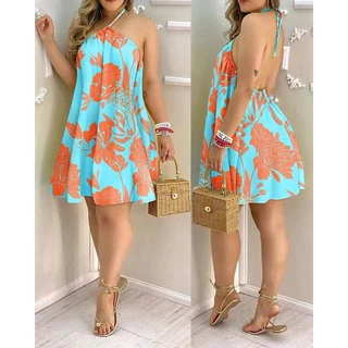 Verão Sexy Halter Print Mini Vestido Feminino Casual Solto Sem Costas Cadarço Boêmia Vestidos De Praia