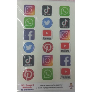 Cartela Adesiva Resinada ( Mídias sociais 18 unidades ) Cod. 615 Combo G  - sortidos