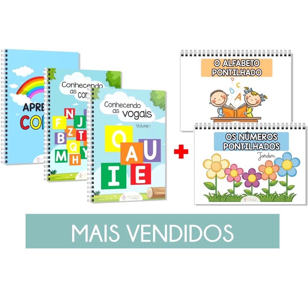 Kit 05 livros de atividades mais vendidos - Vogais, Consoantes, Alfabeto, Números e Cores em espiral pequena - Livro educativo para alfabetização infantil para crianças