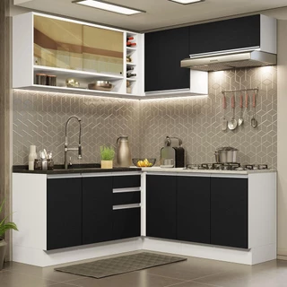 Cozinha Completa de Canto Madesa Glamy 349002 com Armário e Balcão (Sem Tampo e Pia) - Branco/Preto em Oferta na Shopee