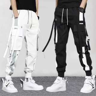 Fita Cargo Masculina Calça Hip Hop Casual Jogger Streetwear Com Múltiplos Bolsos Pretos Calças Masculinas