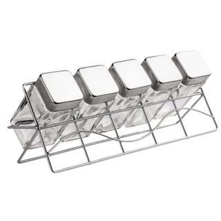 Kit Porta Temperos Com 5 Frascos Quadrado De Vidro Mais 1 Suporte Cromado Euro Home