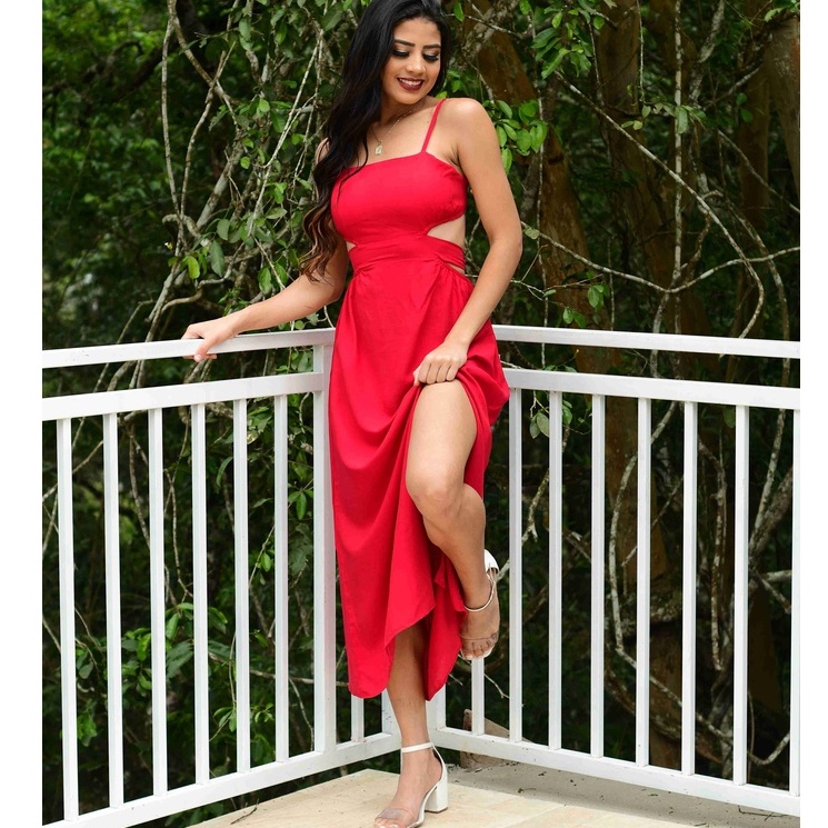 Vestido Vermelho Vestido Lascado Na Perna Fenda Na Perna Vestido