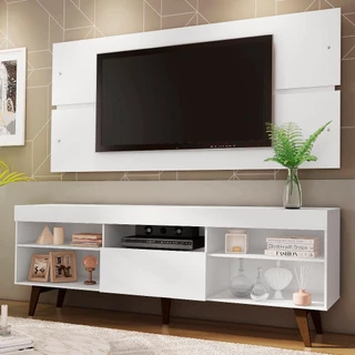 Rack com Painel para TV até 65 Polegadas Madesa Miami com Pés - Branco/Rustic