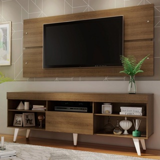 Rack com Painel para TV até 65 Polegadas Madesa Miami com Pés - Rustic/Branco