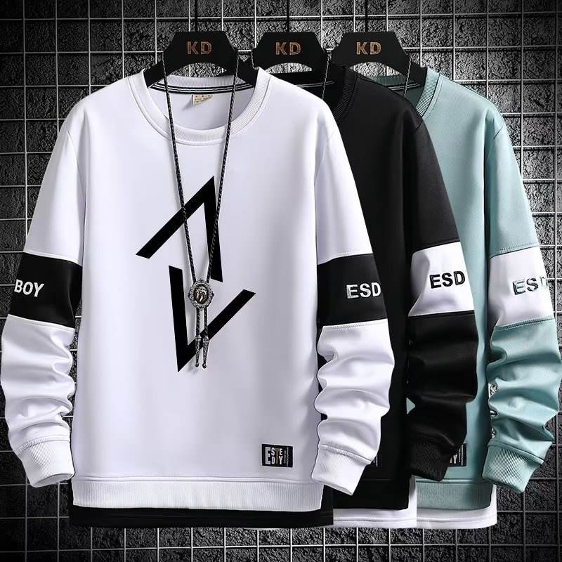 Inverno Fino Coreano Estilo Moda Masculina Gola Redonda Manga Longa Camiseta Larga Casual Blusa Branca Preta Roupas