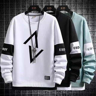 Inverno Fino Coreano Estilo Moda Masculina Gola Redonda Manga Longa Camiseta Larga Casual Blusa Branca Preta Roupas