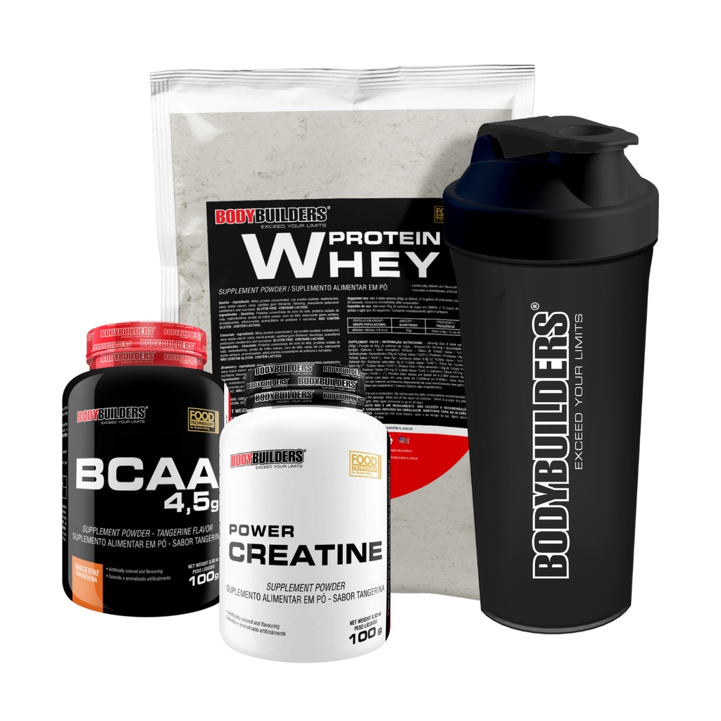 Kit Whey Protein 500g, BCAA 4,5 100g, Power Creatine 100g, Coqueteleira – Bodybuilders