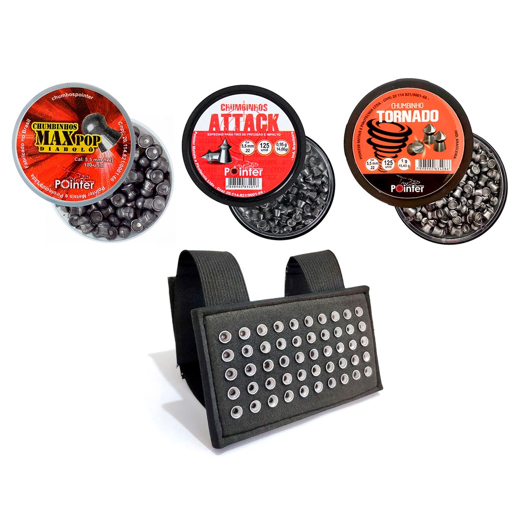 Porta Chumbinho 5.5mm, Kit 03 Chumbos Perfurante Max Pop, Attack e