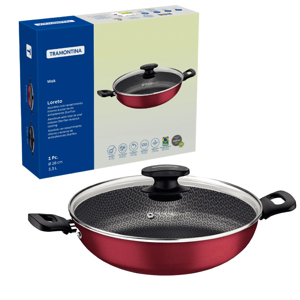 Panela Tramontina Wok Loreto 3,3l 28cm Antiaderente Alumínio Starflon Vermelha – 27817022