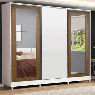 Guarda-Roupa Casal Madesa Eros 3 Portas de Correr com Espelhos com Pés - Branco/Rustic/Branco em Oferta na Shopee