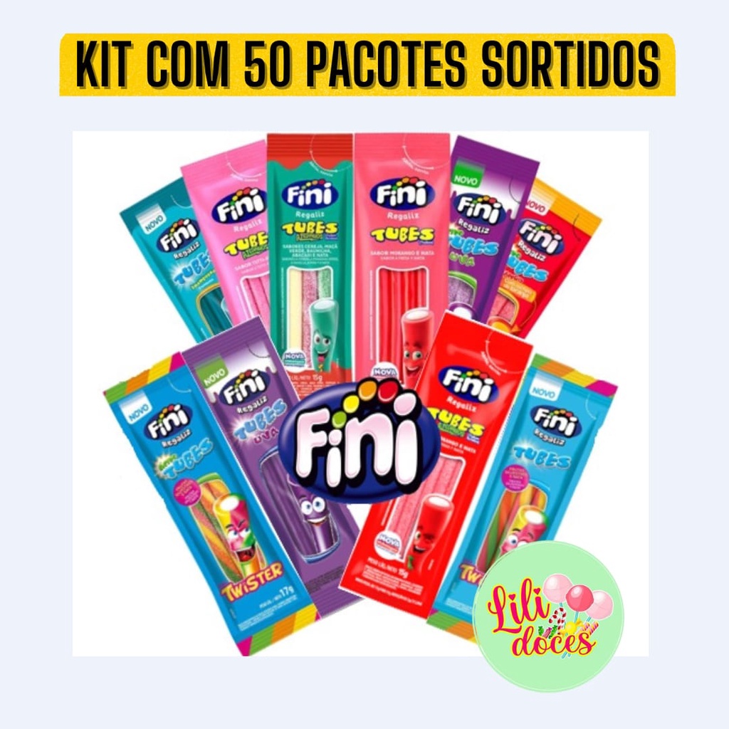 Kit com 50 pacotes de bala Fini tubes sortidos de 15g cada | Shopee Brasil