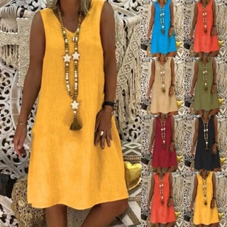 Vestido Casual De Linho De Algodão Solto Tamanho Grande 5XL Feminino Verão Gola V Sem Mangas Cor Sólida Vestidos De Praia