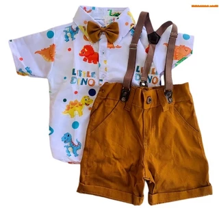 Roupa do DINO BABY infantil conjunto dinossauro bebê menino festa acompanha camisa, gravata, bermuda e suspensório