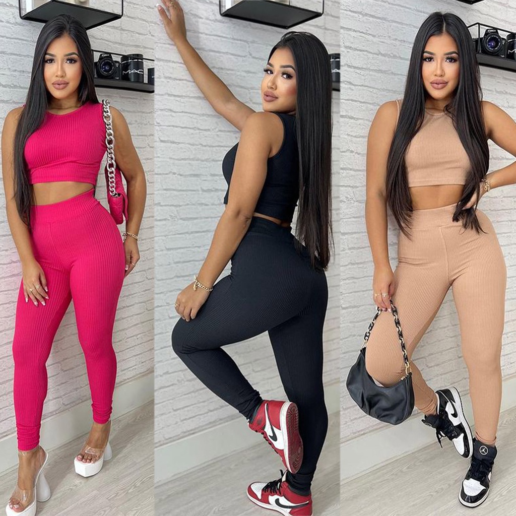 Conjunto Feminino Canelado Calça Cintura Alta Cropped Regata Moda Blogueira Gringa