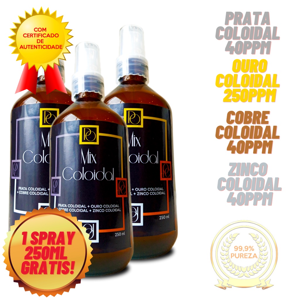 Super Combo Mix Prata Ouro Cobre Zinco Coloidal 250ml Compre 2 Ganhe 1 ...
