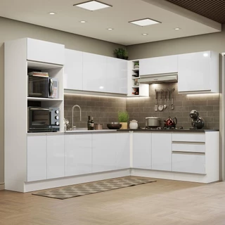 Cozinha Completa de Canto 100% MDF Madesa Acordes 479003 Armário e Balcão - Frentes Branco Brilho em Oferta na Shopee