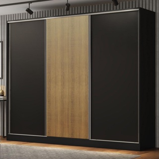 Guarda Roupa Casal 100% MDF Madesa Royale 3 Portas de Correr - Preto/Preto/Rustic