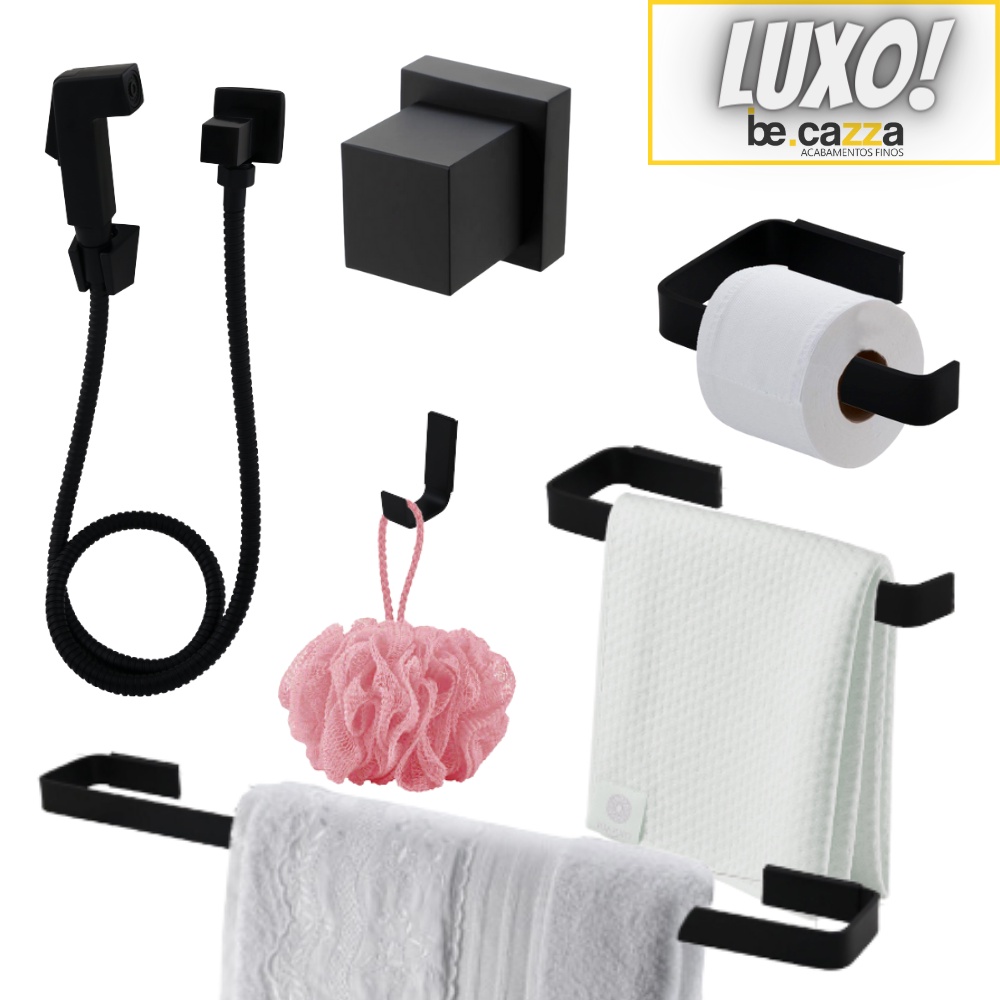 Kit Acessórios de Banheiro Lavabo Preto Quadrado Luxo SS + Ducha Higiênica Chuveiro + Acabamento de Registro Metal Padrão Deca 1/2 3/4