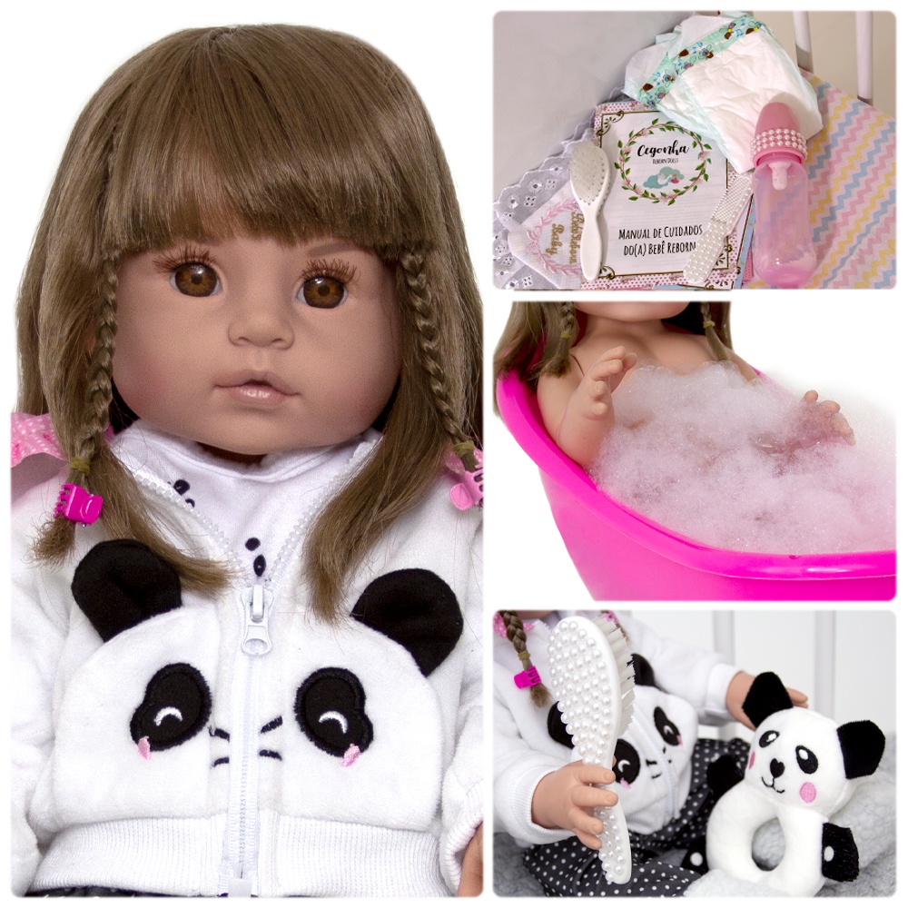 Boneca Reborn Silicone Bebê Realista Princesa Panda Completa no