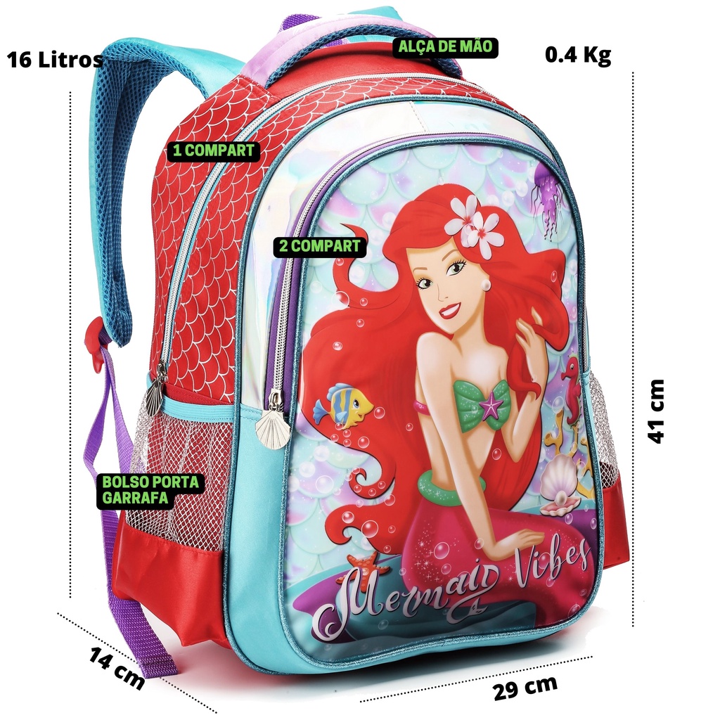 Mochila Sereia Infantil Escolar Feminina com Alça Reforçada