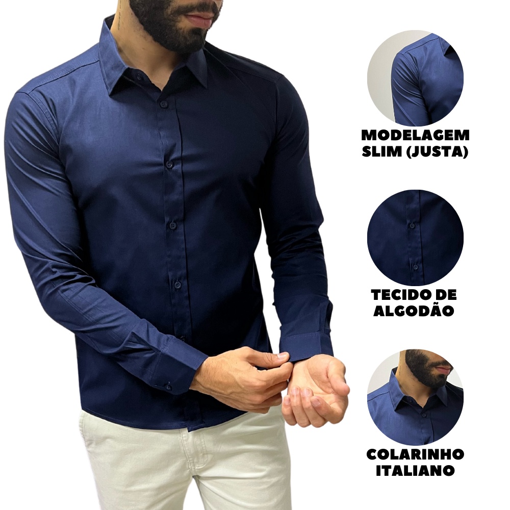 Camisa Masculina Social Tecido Slim Fit Camisa Social Manga Longa Com ...