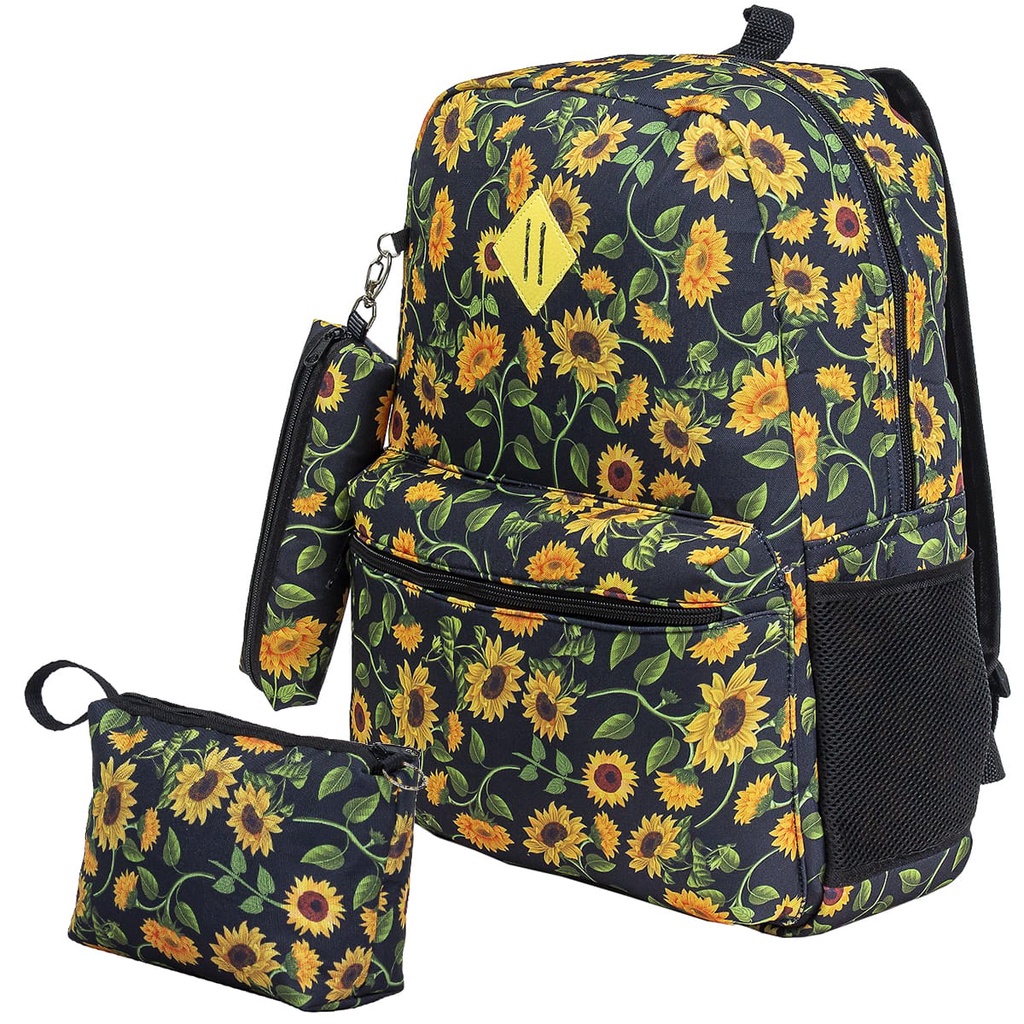 Kit Mochila + Estojo + Frasqueira linda Estampa Girassol