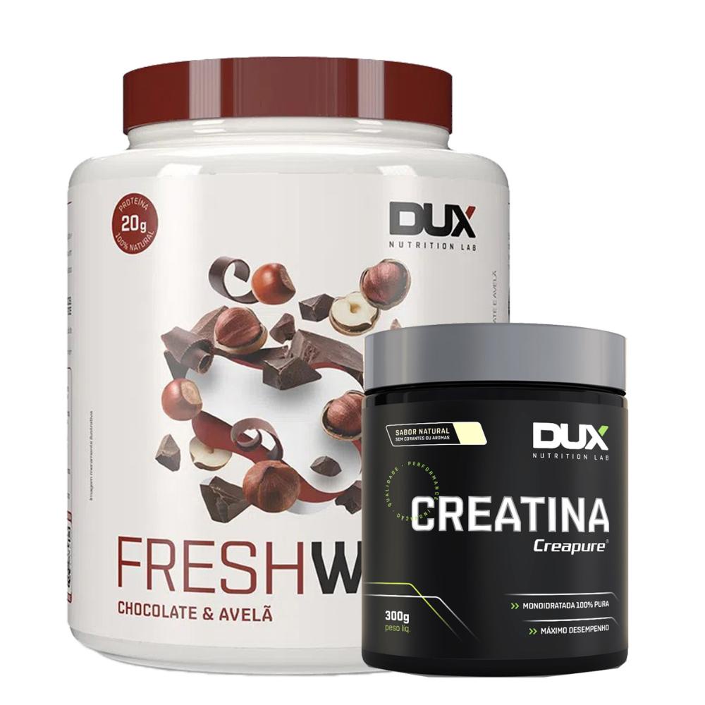 Suplemento em pó Fresh Whey Isolado Hidrolisado Conc. Chocolate belga e Avela + Creatina Creapure – Dux