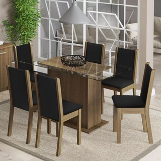 Conjunto Sala de Jantar Madesa Aline Mesa Tampo de Vidro com 6 Cadeiras - Rustic/Preto/Sintético Preto