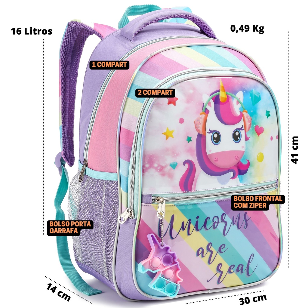 Mochila Infantil Feminina Escolar Unicornio de Costas Grande