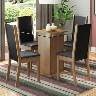 Conjunto Sala de Jantar Madesa Aline Mesa Tampo de Vidro com 4 Cadeiras - Rustic/Preto/Sintético Preto