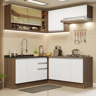 Cozinha Completa de Canto Madesa Glamy 349002 com Armário e Balcão (Sem Tampo e Pia) - Rustic/Branco em Oferta na Shopee