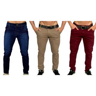 Kit 3 Calças Sociais Jeans Escura Cáqui e Bordô Slim Fit Sport Fino