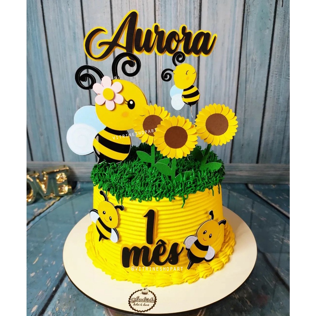 Topo de Bolo Abelhinha Girassol Mêsversário Aniversários Festa Infantil