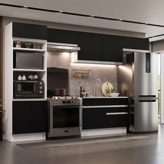 Cozinha Completa Madesa Glamy 350001 com Armário e Balcão (Sem Tampo e Pia) - Branco/Preto