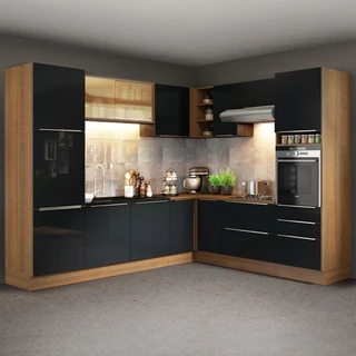 Cozinha Completa de Canto Madesa Lux 526001 com Armário e Balcão - Rustic/Preto em Oferta na Shopee