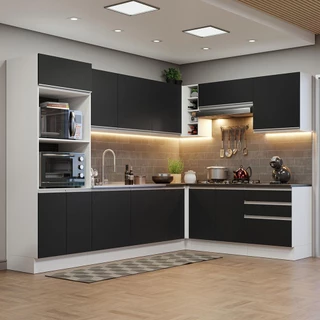 Armário de Cozinha Completa de Canto 100% MDF 479cm Branco/Preto Acordes Madesa 03 em Oferta na Shopee