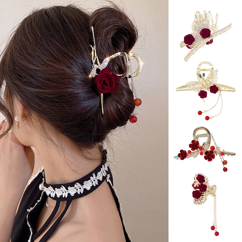 Metal Vermelho Flor Pérola Rhinestone Grampo De Cabelo Borboleta Cristal Tassel Garra Mulher Acessórios