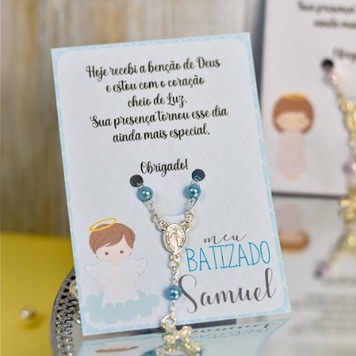 15 unid Cartão Lembrancinha Batizado Eucaristia Comunhão + Mini Terço - Envio Imediato